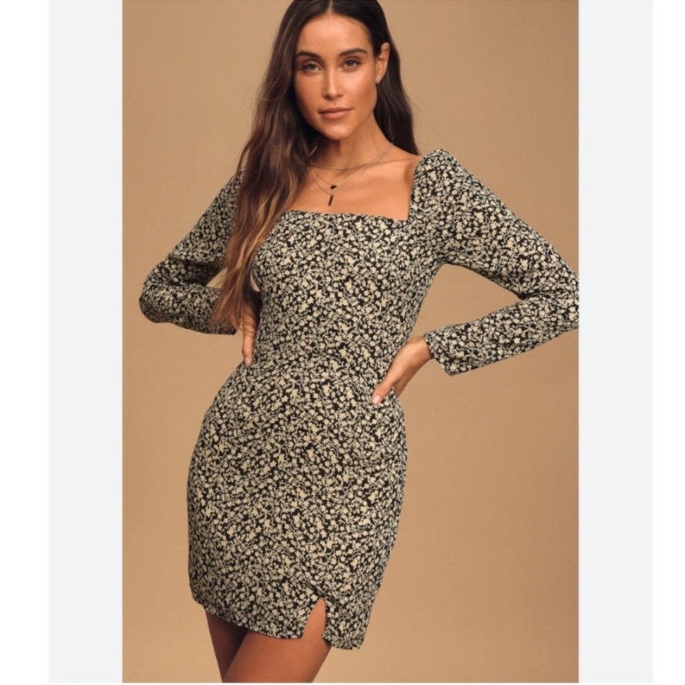 LULU'S Going For It Black and Cream Floral Print Long Sleeve Mini Dress